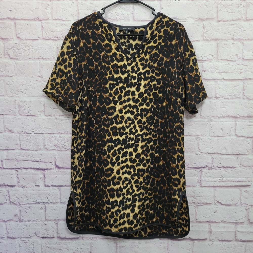 Lafayette 148 New York Wool Leopard Tunic Blouse XS Split V-Neck Mob Wife Preppy